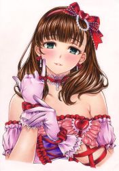 Rule 34 | 1girl, arm ribbon, bad id, bad twitter id, bare shoulders, blush, bow, bow earrings, brown hair, choker, collarbone, colored pencil (medium), commentary request, cross-laced clothes, dress, earrings, gloves, green eyes, hair bow, hairband, head tilt, heart, highres, idolmaster, idolmaster cinderella girls, idolmaster cinderella girls starlight stage, inuono mama, jewelry, lace-trim, lace-trimmed choker, lace trim, looking at viewer, parted lips, pendant, pink dress, pink gloves, pinky out, puffy short sleeves, puffy sleeves, red bow, red ribbon, ribbon, sakuma mayu, short sleeves, signature, simple background, smile, solo, traditional media, white background