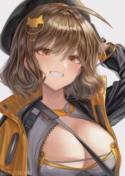 Rule 34 | 1girl, absurdres, ahoge, anis (nikke), arm up, artist name, beret, black gloves, black hat, black jacket, blush, breasts, brown hair, buttons, choco pai, commentary, english commentary, gloves, goddess of victory: nikke, grey shirt, hair between eyes, hair ornament, hand on headwear, hat, highres, jacket, large breasts, long sleeves, looking at viewer, multicolored clothes, multicolored jacket, open clothes, open jacket, orange eyes, orange jacket, puffy long sleeves, puffy sleeves, shirt, short hair, simple background, smile, solo, t-shirt, teeth, two-tone jacket, upper body, white background