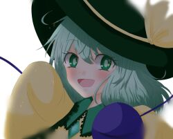 Rule 34 | 1girl, :d, black hat, commentary request, green eyes, green hair, hat, hat ribbon, komeiji koishi, long sleeves, open mouth, pipita, ribbon, short hair, simple background, smile, solo, third eye, touhou, upper body, white background, yellow ribbon