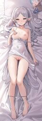 Rule 34 | 1girl, barefoot, breasts, censored, character doll, covered navel, dakimakura (medium), elf, frieren, green eyes, highres, long hair, looking at viewer, lying, mosaic censoring, nipples, on back, on bed, otakueden1995, panties, parted bangs, pillow, pointy ears, pussy, small breasts, solo, sousou no frieren, toes, twintails, underwear, white hair, white panties