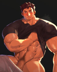 Rule 34 | 1boy, absurdres, bandaid, bandaid on cheek, bandaid on face, bara, breath, brown hair, clothes pull, facial hair, feet out of frame, grey pants, half-erect, hand under clothes, highres, light frown, looking at viewer, male focus, mature male, muscular, muscular male, mustache stubble, navel, navel hair, original, pants, pants pull, penis, penis peek, shirt, short hair, solo, stomach, strongman waist, stubble, t-shirt, thick eyebrows, thick thighs, thighs, ttn (239 239), undressing, veins, veiny arms, veiny penis