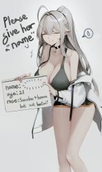 Rule 34 | 1girl, absurdres, breasts, chyan, cleavage, english text, engrish text, artistic error, closed eyes, grey hair, highres, holding, holding sign, large breasts, long hair, original, pointy ears, ponytail, ranguage, sign, smile, solo, spoken sweatdrop, sweatdrop, typo