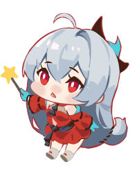 Rule 34 | 1girl, :&lt;, ahoge, arknights, bare shoulders, blue gloves, boots, chibi, commentary request, detached sleeves, dress, gloves, grey footwear, grey hair, hair between eyes, holding, holding wand, long hair, looking away, parted lips, red dress, red eyes, red sleeves, simple background, single hair intake, skadi (arknights), skadi the corrupting heart (arknights), sleeveless, sleeveless dress, solo, star (symbol), triangle mouth, very long hair, wand, white background, zuiqiang zayu