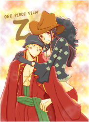 Rule 34 | 1boy, 1girl, bandana, black hair, blush, blush stickers, bra, breasts, cleavage, copyright name, cowboy hat, earrings, gloves, green hair, hat, hetero, hug, jacket, jacket on shoulders, jewelry, long hair, looking at another, looking at viewer, mahiro (monapita), nico robin, one piece, one piece film: z, open clothes, open shirt, pink bra, red jacket, roronoa zoro, sash, scar, shirt, short shorts, shorts, underwear