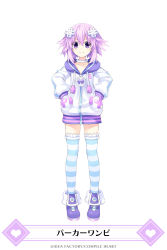 Rule 34 | 1girl, blue hair, choker, closed mouth, d-pad, d-pad hair ornament, full body, hair ornament, hands in pockets, highres, hood, hooded track jacket, jacket, looking at viewer, mainichi compile heart, neptune (neptunia), neptune (series), official art, purple eyes, short hair, simple background, smile, solo, standing, striped clothes, striped thighhighs, thighhighs, track jacket, tsunako, white background, white choker