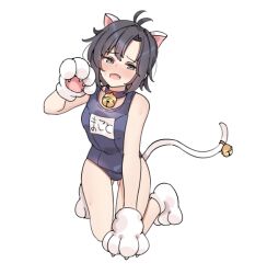 Rule 34 | 1girl, aa211108, animal costume, animal ears, animal hands, antenna hair, bell, blush, breasts, cat ears, cat feet, cat paws, cat tail, choker, dot nose, embarrassed, fang, forehead, full-face blush, full body, hand on ground, hand up, idolmaster, idolmaster (classic), idolmaster million live!, idolmaster million live! theater days, kikuchi makoto, kneeling, looking at viewer, name tag, neck bell, open mouth, parted bangs, paw pose, red choker, school swimsuit, short hair, shy, sidelocks, simple background, small breasts, solo, swimsuit, tail, tail bell, tail ornament, white background