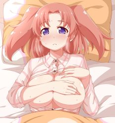 Rule 34 | 1girl, blanket, blush, breasts, breasts out, buttons, collared shirt, covering privates, covering breasts, dou-t, hand on own chest, highres, mikakunin de shinkoukei, no nipples, pillow, pink hair, purple eyes, shirt, twintails, unbuttoned, unbuttoned shirt, yonomori kobeni