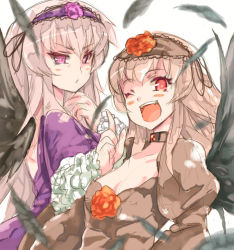 Rule 34 | 00s, 2girls, :d, alternate color, alternate hair color, bad id, bad pixiv id, blush, dress, dual persona, fang, feathers, flower, frills, hairband, index finger raised, long hair, multiple girls, one eye closed, open mouth, pink eyes, purple flower, purple rose, red eyes, red flower, red rose, rose, rozen maiden, sketch, smile, suigintou, umitsuki, white hair, wings