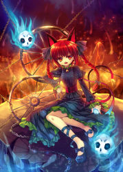 Rule 34 | 1girl, animal ears, ankle ribbon, bell, braid, capura lin, cat ears, cat girl, cat tail, chain, collar, fang, female focus, highres, jingle bell, kaenbyou rin, leg ribbon, lava, multiple tails, nail polish, neck bell, red hair, red nails, ribbon, skull, solo, spirit, tail, touhou, twin braids, twintails, wheel