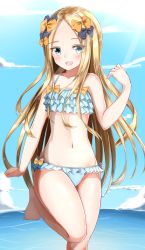 Rule 34 | 1girl, :d, abigail williams (fate), absurdres, bare arms, bare legs, bare shoulders, barefoot, bikini, black bow, blonde hair, blue bikini, blue eyes, blue sky, bow, cloud, collarbone, commentary request, day, fate/grand order, fate (series), forehead, hair bow, hand up, highres, horizon, layered bikini, long hair, looking at viewer, moyoron, navel, ocean, open mouth, orange bow, outdoors, parted bangs, sky, smile, solo, standing, standing on one leg, swimsuit, very long hair, water