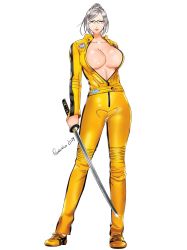 Rule 34 | 10s, 1girl, 2019, absurdres, arm at side, artist name, assassin, beatrix kiddo, beatrix kiddo (cosplay), black-framed eyewear, breasts, brown eyes, bursting breasts, cleavage, collarbone, contrapposto, cosplay, federico bianco (artist), female focus, full body, hair bun, highres, holding, holding sword, holding weapon, huge breasts, jacket, katana, kill bill, long sleeves, looking at viewer, motorcycle suit, neck, no bra, open clothes, pants, parody, parted bangs, parted lips, pink lips, prison school, serious, shiny skin, shiraki meiko, shoes, short hair, signature, silver hair, simple background, single hair bun, sneakers, solo, sparkle, sword, weapon, white background, yellow footwear, yellow jacket, yellow pants, yellow sneakers