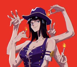 Rule 34 | 1girl, black hair, blue eyes, blunt bangs, breasts, candle, cleavage, cowboy hat, cross-laced clothes, extra arms, female focus, hana hana no mi, hat, highres, looking at viewer, nico robin, nico robin (alabasta), one piece, simple background, smile, solo, upper body, v