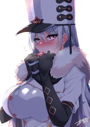 Rule 34 | 1girl, absurdres, azur lane, black gloves, breasts, coat, coat dress, condom, condom in mouth, condom wrapper, fur-trimmed coat, fur trim, gloves, hair between eyes, hat, heart, heart-shaped pupils, high collar, highres, himiya jouzu, large breasts, long hair, looking at viewer, military hat, mole, mole under eye, mouth hold, red eyes, silver hair, solo, sovetskaya rossiya (azur lane), symbol-shaped pupils, very long hair, white hat