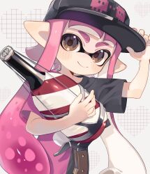 Rule 34 | 1girl, arm up, baseball cap, black hat, black shirt, blunt bangs, blush, brown eyes, closed mouth, hand on headwear, hat, heart, heart background, highres, holding, holding weapon, inkling girl, inkling player character, long hair, looking at viewer, nintendo, pink hair, pink shirt, pointy ears, sahata saba, shirt, short sleeves, signature, smile, solo, splatoon (series), squeezer (splatoon), tentacle hair, two-tone shirt, upper body, weapon, white background