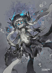 1girl abyssal_ship black_cape black_gloves blue_eyes breasts bubble cane cape character_name colored_skin gloves glowing grey_hair grey_skin hair_between_eyes highres holding holding_cane kantai_collection konno_takashi looking_at_viewer medium_breasts multicolored_hair parted_lips solo tentacles torn_cape torn_clothes underwater white_hair wo-class_aircraft_carrier