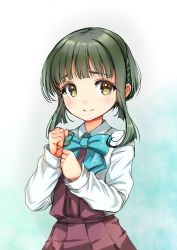 Rule 34 | 1girl, absurdres, blouse, blue bow, blush, bob cut, bow, bowtie, braid, brown eyes, clenched hand, collared shirt, commentary request, cowboy shot, dress, gradient background, green hair, highres, kantai collection, long sleeves, looking at viewer, shirt, short hair, short hair with long locks, sidelocks, sleeveless, sleeveless dress, sleeves past wrists, smile, solo, takanami (kancolle), white shirt, yashin (yasinz)