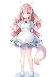 Rule 34 | 1girl, animal ears, apron, bare legs, blue dress, bow, commentary request, dress, fox ears, fox tail, frilled dress, frills, full body, hair bow, highres, light brown hair, long hair, mutou mato, original, pink eyes, short sleeves, simple background, smile, solo, tail, very long hair, white background