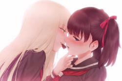 Rule 34 | 2girls, :o, absurdres, asaba0327, black sailor collar, black shirt, blonde hair, blue eyes, blush, candy, chocolate, chocolate heart, food, from side, green eyes, hair ribbon, half-closed eyes, hand on another&#039;s chin, heart, highres, lips, long hair, looking away, looking to the side, mouth hold, multiple girls, neckerchief, nose blush, open mouth, original, parted lips, pink ribbon, profile, red neckerchief, ribbon, sailor collar, school uniform, serafuku, shirt, short twintails, simple background, straight hair, twintails, upper body, valentine, white background, yuri
