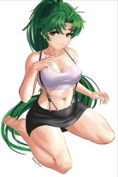 Rule 34 | 1girl, artist name, bare arms, bare legs, bare shoulders, barefoot, black skirt, breasts, cleavage, collarbone, commentary, cosplay, crop top, feet, female focus, final fantasy, final fantasy vii, fire emblem, fire emblem: the blazing blade, green eyes, green hair, hand up, highres, jackary, long hair, looking at viewer, lyn (fire emblem), matching hair/eyes, medium breasts, midriff, miniskirt, navel, nintendo, pencil skirt, ponytail, seiza, signature, simple background, sitting, skirt, smile, solo, square enix, stomach, suspender skirt, suspenders, tank top, thighs, tifa lockhart, tifa lockhart (cosplay), toes, very long hair, white background, white tank top