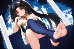Rule 34 | 1girl, :3, amulet, armlet, bare shoulders, black hair, closed mouth, crossed legs, earrings, elbow gloves, elbow rest, fate/grand order, fate (series), feet, foot focus, gloves, gold, gold earrings, highres, ishtar (fate), jewelry, legs, long hair, looking at viewer, neck ring, nekoda (maoda), red eyes, single elbow glove, single thighhigh, sitting, soles, solo, stirrup legwear, thighhighs, tiara, toeless legwear, toes, two side up