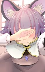 Rule 34 | 1girl, animal ears, blush, covering privates, covering face, covering own eyes, highres, ishikkoro, jewelry, mouse ears, nazrin, necklace, reaching, reaching towards viewer, selfie, short hair, skirt, solo, sweatdrop, touhou