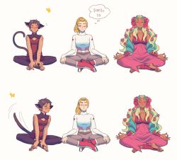 Rule 34 | 3girls, adora (she-ra), animal ears, blonde hair, blush, brown hair, cat ears, cat tail, catra, closed mouth, flower, hair flower, hair ornament, highres, long hair, looking at another, looking to the side, meditation, medium hair, mondaykilly, multiple girls, one eye closed, perfuma (she-ra), she-ra and the princesses of power, tail, tail wagging, thought bubble, translation request