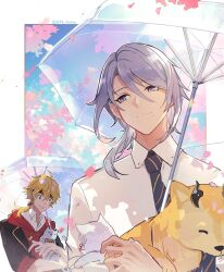 Rule 34 | 2134twone, 2boys, animal, blonde hair, blue sky, border, cat, cherry blossoms, closed mouth, collared shirt, diagonal-striped clothes, diagonal-striped necktie, dog, falling petals, genshin impact, green eyes, grey eyes, grey hair, hair between eyes, highres, holding, holding animal, holding umbrella, kamisato ayato, male focus, mole, mole under mouth, multiple boys, necktie, outdoors, outside border, petals, shirt, short sleeves, sky, smile, striped clothes, thoma (genshin impact), transparent, transparent umbrella, twitter username, umbrella, white border, white shirt