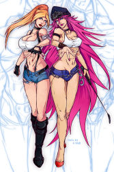 Rule 34 | 2girls, abs, alternate costume, belt, blonde hair, blue eyes, boots, breasts, capcom, choker, cici, cleavage, collar, crop top, crossover, cuffs, cutoffs, dead or alive, denim, denim shorts, earrings, final fight, fingerless gloves, gloves, handcuffs, hat, high heels, highres, hoop earrings, jewelry, knee boots, lipstick, long hair, makeup, midriff, multiple girls, nail polish, navel, ninja gaiden, open fly, peaked cap, pink hair, poison (final fight), ponytail, rachel (ninja gaiden), riding crop, short shorts, shorts, stomach, street fighter, suspenders, tank top, tattoo, tecmo, toned, unzipped, very long hair