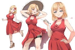 Rule 34 | 1girl, alternate costume, blonde hair, blue eyes, blush, breasts, cleavage, clothes lift, clothes pull, dress, dress lift, dress pull, flower, foxxarius, hair flower, hair ornament, hat, heart, high heels, highres, holding, holding syringe, hololive, hololive english, looking at viewer, medium breasts, mole, mole on breast, multiple views, one eye closed, one leg raised, open mouth, red dress, red flower, sandals, short hair, smile, sun hat, syringe, thigh strap, virtual youtuber, watson amelia, white background