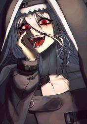 Rule 34 | 1girl, :d, absurdres, arknights, bad id, bad pixiv id, black dress, crying, crying with eyes open, dress, grey hair, habit, hair between eyes, hand on own face, hands up, highres, huge filesize, long hair, long sleeves, nun, off-shoulder dress, off shoulder, open mouth, parted lips, red eyes, ribbed sweater, saliva, smile, solo, specter (arknights), sweater, tears, upper body, white sweater, xanax025