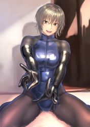 Rule 34 | 1girl, blonde hair, bodysuit, day, elbow gloves, front zipper swimsuit, gloves, grey eyes, hair between eyes, highres, indoors, kilye kairi, looking at viewer, meme attire, one-piece swimsuit, original, outstretched arms, pantyhose, pantyhose under swimsuit, rug, short hair, sitting, skin tight, smile, swimsuit, wariza