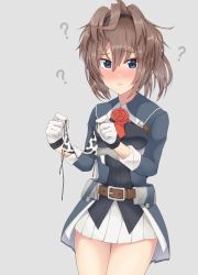 Rule 34 | 1girl, ?, animal print, ascot, belt, bikini, bikini top only, blue eyes, brown belt, brown hair, commentary request, cow print, flower, gloves, grey background, highres, holding, holding clothes, kantai collection, long hair, military, military uniform, otobi, pleated skirt, red ascot, red flower, red rose, rose, sheffield (kancolle), simple background, skirt, solo, swimsuit, uniform, white gloves, white skirt