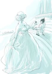 Rule 34 | 1girl, 2boys, black hair, breasts, bulma, child, cleavage, couple, dragonball z, dress, dress grab, earrings, formal, gloves, highres, holding hands, jewelry, looking at another, medium breasts, multiple boys, necklace, stairway, standing, suit, trunks (dragon ball), vegeta