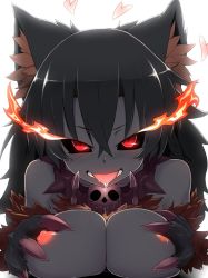 Rule 34 | 1girl, animal ear fluff, animal ears, animal hands, bad id, bad pixiv id, bare shoulders, black hair, black sclera, black skin, black theme, bludh, blush, breast rest, breasts, breasts squeezed together, claws, collar, colored sclera, colored skin, dark-skinned female, dark skin, dog ears, dog paws, dog tail, drooling, fire, flaming eye, fur, grin, hair between eyes, heart, hellhound (monster girl encyclopedia), large breasts, light areolae, long hair, looking at viewer, mantarou (shiawase no aoi tori), monster girl, monster girl encyclopedia, monster girl encyclopedia ii, naughty face, nipples, open mouth, pov, red eyes, saliva, simple background, skull, skull collar, slit pupils, smile, solo, spiked collar, spikes, tail, teeth, tongue, tongue out, topless, white background
