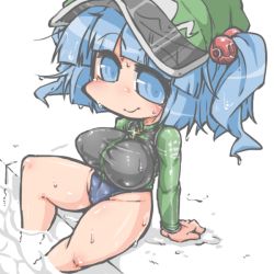 Rule 34 | 1girl, alternate costume, blue eyes, blue hair, blush, breasts, covered erect nipples, hair bobbles, hair ornament, hat, kawashiro nitori, kureha mitsushige, large breasts, looking at viewer, love handles, matching hair/eyes, short hair, smile, solo, sweat, thighs, touhou, two side up, wading, water, wet