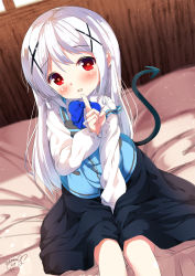 Rule 34 | 1girl, alternate eye color, between legs, black skirt, blue vest, blurry, blurry background, blush, chinomaron, commentary request, dark persona, demon tail, depth of field, dutch angle, fang, gochuumon wa usagi desu ka?, hair ornament, hand between legs, heart, heart-shaped pupils, highres, index finger raised, indoors, kafuu chino, long hair, long sleeves, on bed, parted lips, puffy long sleeves, puffy sleeves, rabbit house uniform, red eyes, shirt, signature, sitting, skirt, smile, solo, symbol-shaped pupils, tail, tail raised, twitter username, uniform, very long hair, vest, waitress, white hair, white shirt, x hair ornament