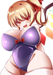 Rule 34 | :d, alternate breast size, blonde hair, blush stickers, bow, breasts, fang, flandre scarlet, gero zoukin, groin, hair bow, hair intakes, highres, large breasts, leotard, open mouth, oppai loli, playboy bunny, pointy ears, red eyes, short hair, side ponytail, simple background, skin fang, smile, solo, thighhighs, touhou, white background, white thighhighs, wings