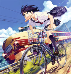 Rule 34 | 1girl, ascot, bag, basket, between breasts, bicycle, black eyes, black hair, black skirt, black socks, blouse, blue eyes, bread slice, breasts, cloud, day, dutch angle, food, food in mouth, kneehighs, loafers, md5 mismatch, motion blur, mouth hold, original, outdoors, overhead line, perspective, pleated skirt, power lines, racing, resolution mismatch, riding, road, school bag, school uniform, shirt, shoes, short hair, short sleeves, shoulder bag, signature, skirt, sky, socks, solo, source smaller, strap between breasts, sweat, toast, toast in mouth, train, vania600, white shirt, wing collar