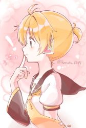 Rule 34 | !, 1boy, arm warmers, bass clef, black collar, black sleeves, blonde hair, blue eyes, collar, commentary, finger to mouth, from side, headphones, heart, index finger raised, kagamine len, kanato 1227, male focus, nail polish, necktie, pink background, profile, sailor collar, school uniform, shirt, short ponytail, short sleeves, solo, spiked hair, twitter username, vocaloid, white shirt, yellow nails, yellow necktie