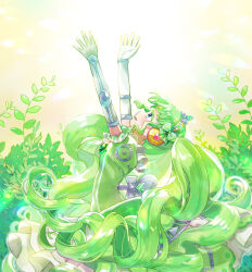 Rule 34 | 1girl, arms up, cowboy shot, dress, elbow gloves, falulu, falulu (awakened), forehead jewel, frilled dress, frills, from side, gloves, green dress, green hair, green theme, headphones, highres, idol clothes, jinno (jin c kkry), leaf, long hair, looking up, open mouth, outstretched arms, pretty series, pripara, profile, puffy short sleeves, puffy sleeves, reaching, short sleeves, sidelocks, smile, solo, twintails, very long hair, white gloves, winding key