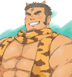Rule 34 | 1boy, abs, animal print, bara, blush, body hair, brown hair, chest hair, cross scar, closed eyes, facial hair, facing viewer, hairy, horns, houzouin oniwaka, large pectorals, long sideburns, male focus, muscular, oni horns, pectorals, scar, scar on face, scar on forehead, scarf, short hair, sideburns, sketch, solo, stubble, thick eyebrows, tiger print, tokyo houkago summoners, upper body, yanutorie, yellow scarf