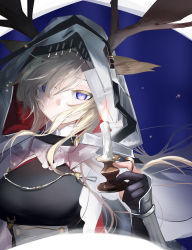 Rule 34 | 1girl, absurdres, animal ears, antlers, antlers through headwear, ao oni (onioni-aoi), arknights, black dress, black gloves, blonde hair, blue eyes, breasts, candle, cape, commentary request, deer antlers, deer ears, dress, gauntlets, gloves, hair over one eye, highres, holding, holding candle, hood, hood up, horns, long hair, looking at viewer, partially fingerless gloves, solo, upper body, viviana (arknights), white cape