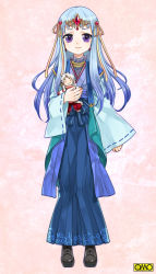 Rule 34 | 1girl, blue hair, crabu, doll, hair ribbon, japanese clothes, kimono, long hair, omc, purple eyes, ribbon, smile, solo