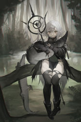 Rule 34 | 1girl, absurdres, ahoge, arknights, bare shoulders, black dress, black footwear, black gloves, black panties, black thighhighs, boots, chinese commentary, closed mouth, commentary request, corrupted metadata, crocodilian, crocodilian tail, dated, dress, forest, full body, gloves, goggles, goggles around neck, high heel boots, high heels, highres, holding, holding staff, hugging own tail, hugging tail, long hair, long sleeves, looking at viewer, nature, outdoors, panties, partially fingerless gloves, pond, signature, silver hair, sitting, solo, staff, ta shi chule zhan hou, tail, thighhighs, tomimi (arknights), torn clothes, torn thighhighs, underwear, yellow eyes