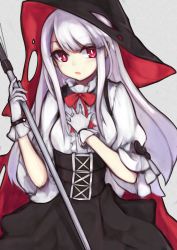 Rule 34 | 1girl, azur lane, black headwear, black skirt, bow, bowtie, breasts, erebus (azur lane), gloves, hand on breast, highres, holding, holding wand, long hair, looking at viewer, marshall k, neck ribbon, open mouth, purple eyes, red bow, red bowtie, red ribbon, ribbon, shirt, silver hair, skirt, small breasts, solo, suspender skirt, suspenders, upper body, wand, white background, white gloves, white shirt