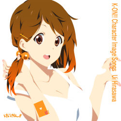 Rule 34 | 1girl, :d, album cover, bad id, bad pixiv id, brown eyes, brown hair, cover, hair bobbles, hair ornament, hairclip, heart, hirasawa ui, k-on!, nanao (mahaya), open mouth, ponytail, round teeth, simple background, smile, solo, teeth, upper body