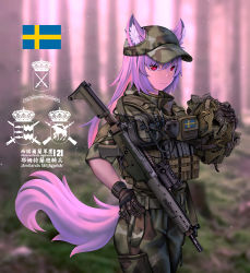Rule 34 | 1girl, animal ear fluff, animal ears, assault rifle, baseball cap, borrowed character, bulletproof vest, camouflage, camouflage headwear, camouflage pants, commission, cowboy shot, ears through headwear, fang zhenjun, gloves, gun, hand on own hip, hat, unworn headwear, helmet, unworn helmet, holding, holding helmet, long hair, looking at viewer, military, military uniform, mixed-language commentary, original, pants, purple hair, purple tail, red eyes, rifle, soldier, solo, swedish flag, tactical clothes, tail, translation request, uniform, weapon, weapon request