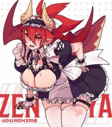 Rule 34 | 1girl, cross, cross necklace, dragon girl, dragon horns, dragon tail, dragon wings, fingerless gloves, fingernails, gloves, horns, jewelry, long fingernails, maid, maid headdress, necklace, red hair, skirt, tail, thighhighs, virtual youtuber, wings, zentreya