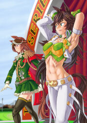 Rule 34 | 2girls, absurdres, animal ears, armpits, arms behind head, arms up, black thighhighs, blue sky, breasts, brown hair, choker, commentary request, cowboy shot, crop top, cropped jacket, day, epaulettes, feet out of frame, fukami (trash sp), gloves, green eyes, green jacket, green shirt, green skirt, hat, highres, horse ears, jacket, long hair, long sleeves, medium breasts, midriff, mini hat, miniskirt, mr. c.b. (umamusume), multiple girls, navel, open clothes, open jacket, outdoors, pants, parted lips, purple eyes, ribs, shirt, single sleeve, skirt, sky, smile, standing, stomach, strapless, strapless shirt, symboli rudolf (umamusume), tail, thighhighs, thighs, umamusume, very long hair, white gloves, white headwear, white jacket, white pants