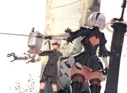 Rule 34 | 1boy, 1girl, absurdres, ass, back cutout, black blindfold, black dress, black footwear, black hairband, black shorts, black thighhighs, blindfold, boots, breasts, closed mouth, clothing cutout, dress, feather-trimmed sleeves, floating, floating object, floating weapon, greatsword, hairband, highres, holding, holding sword, holding weapon, large breasts, mole, mole under mouth, nier (series), nier:automata, panties, pantyshot, pod (nier:automata), short hair, shorts, skindentation, sword, thigh boots, thighhighs, thighhighs under boots, tsunekun, underwear, weapon, white hair, 2b (nier:automata), 9s (nier:automata)